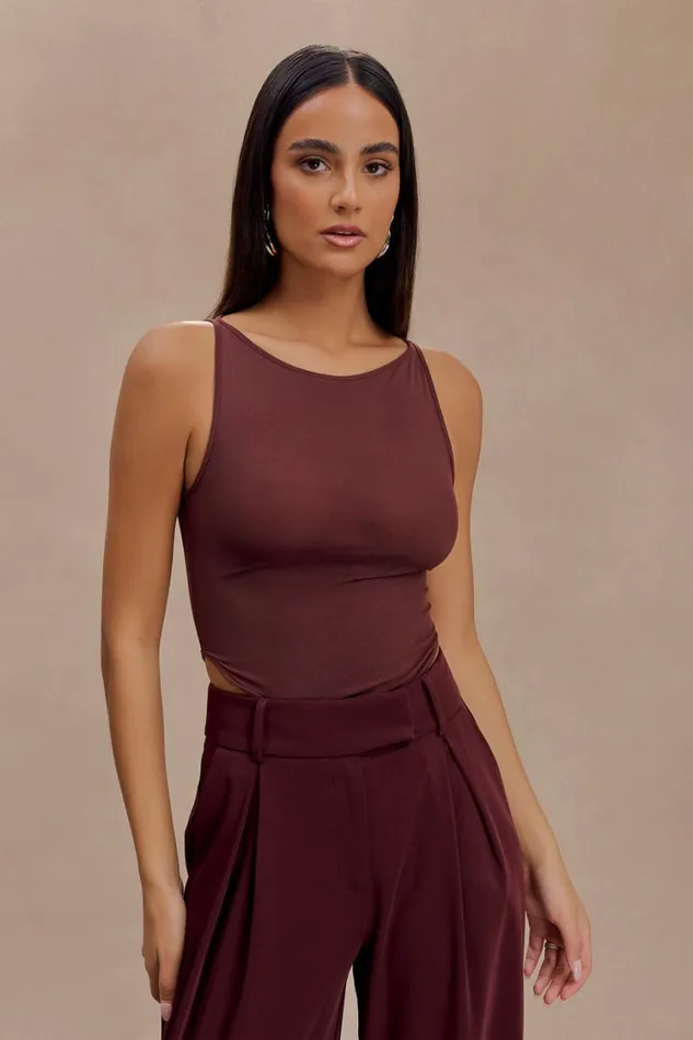 Women Meshki Tops Marla Boat Neck Sheer Mesh Top 8211 Mahogany