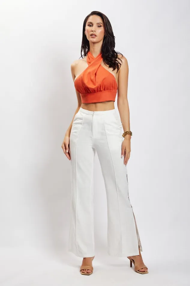 Women Meshki Tops Piper Halter Neck Linen Crop Top 8211 Terracotta