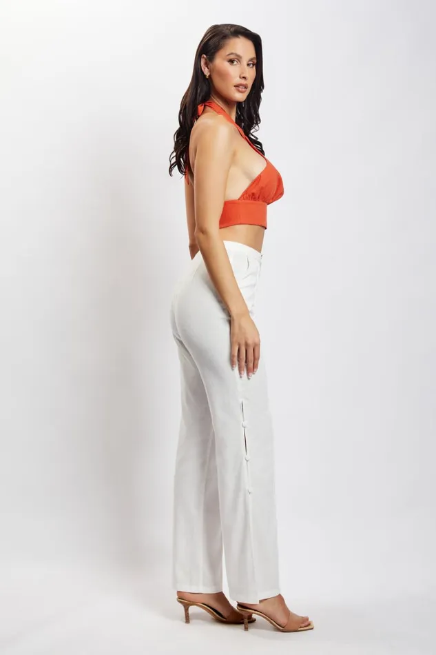 Women Meshki Tops Piper Halter Neck Linen Crop Top 8211 Terracotta