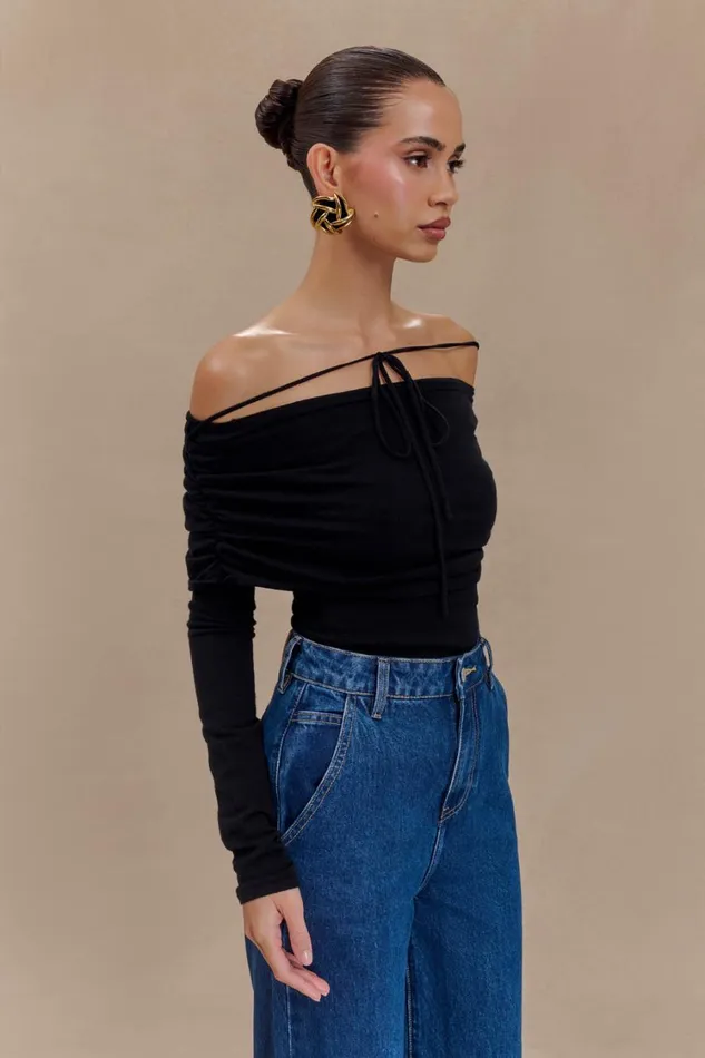 Women Meshki Tops Polly Off Shoulder Long Sleeve Knit Top 8211 Black