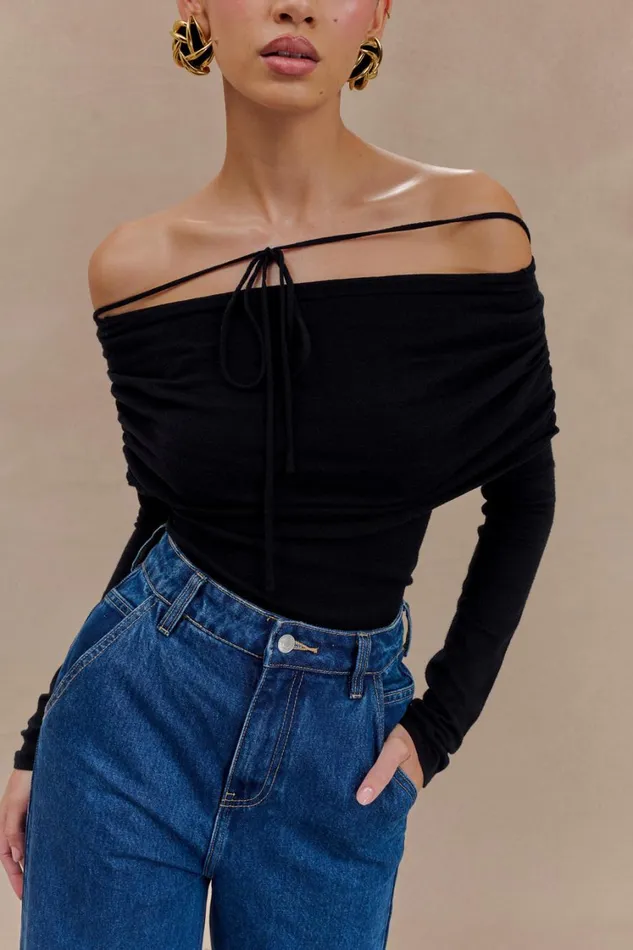 Women Meshki Tops Polly Off Shoulder Long Sleeve Knit Top 8211 Black