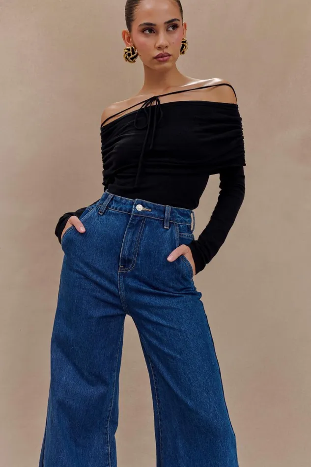 Women Meshki Tops Polly Off Shoulder Long Sleeve Knit Top 8211 Black