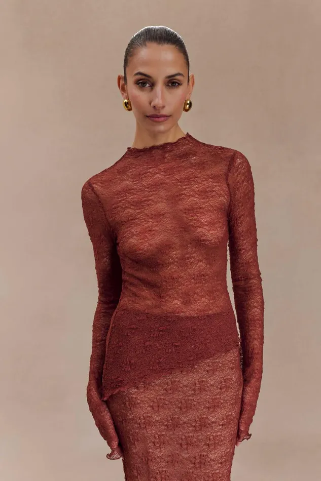 Women Meshki Tops Riley Sheer Lace Long Sleeve Top 8211 Chilli