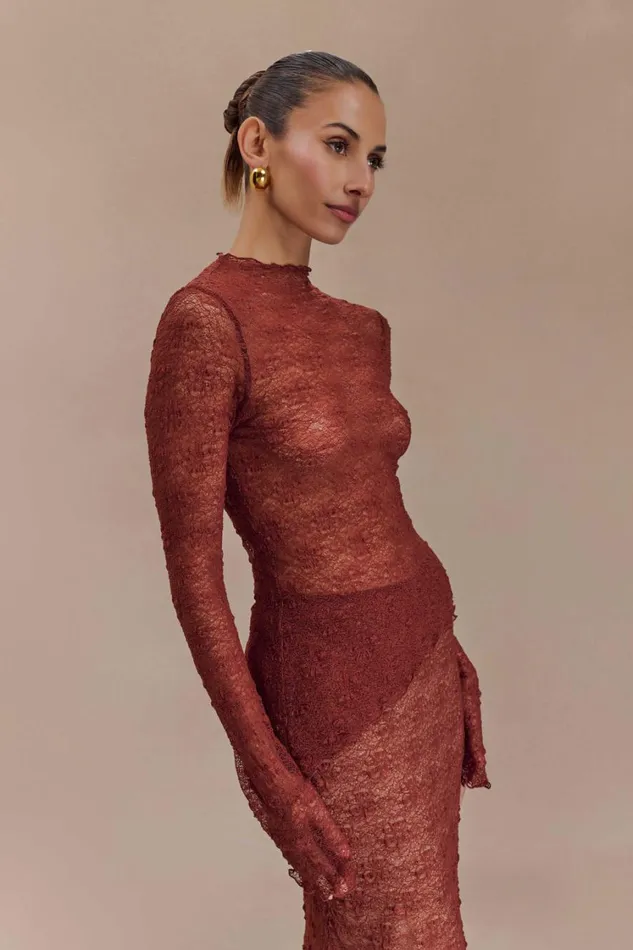 Women Meshki Tops Riley Sheer Lace Long Sleeve Top 8211 Chilli
