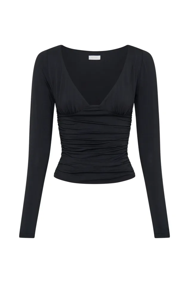 Women Meshki Tops Sutton Ruched Long Sleeve Top 8211 Black