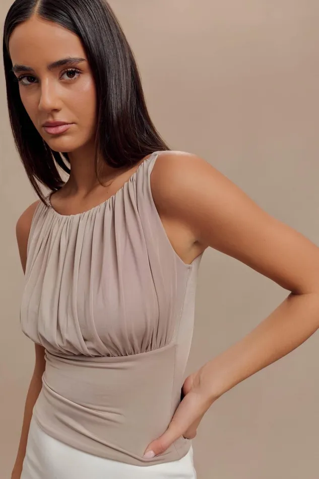 Women Meshki Tops Tiarna Slinky Ruched Top 8211 Taupe