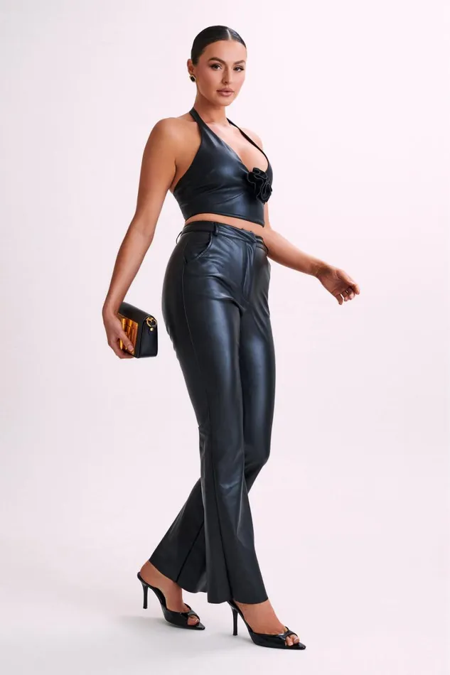 Women Meshki Tops Ursla Faux Leather Rose Halter Top 8211 Black