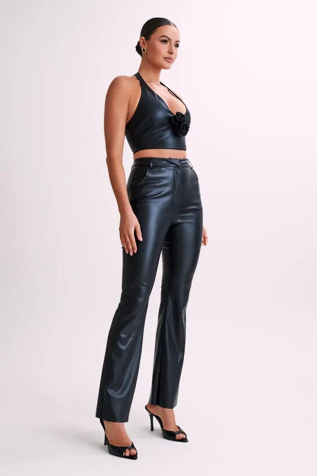 Women Meshki Tops Ursla Faux Leather Rose Halter Top 8211 Black