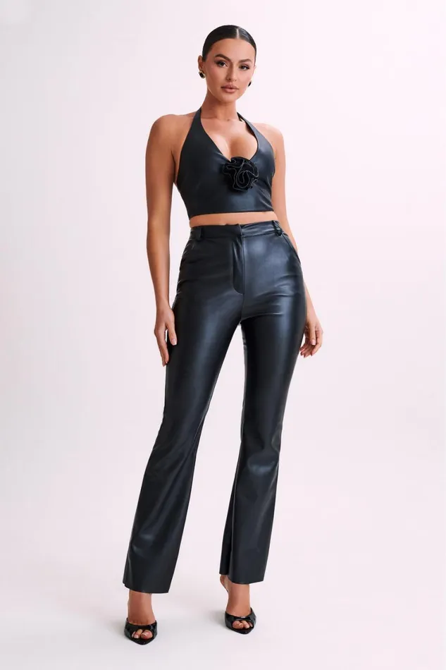 Women Meshki Tops Ursla Faux Leather Rose Halter Top 8211 Black