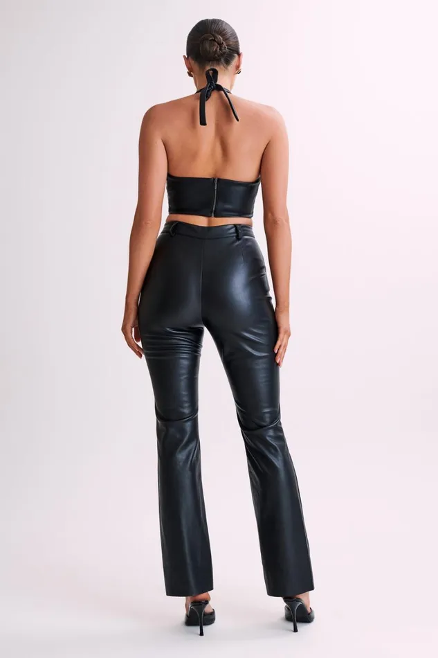 Women Meshki Tops Ursla Faux Leather Rose Halter Top 8211 Black