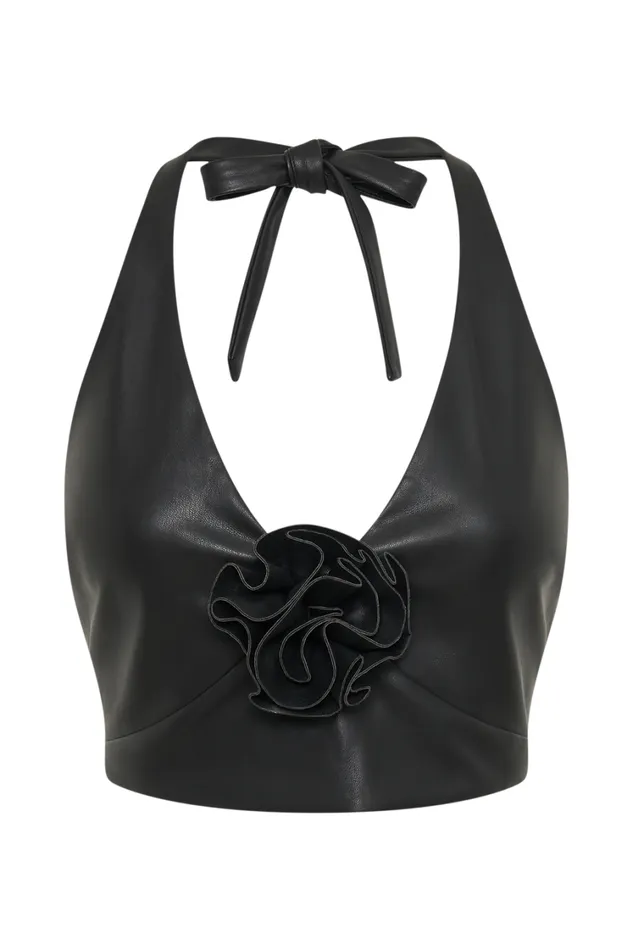 Women Meshki Tops Ursla Faux Leather Rose Halter Top 8211 Black