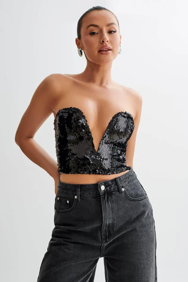 Women Meshki Tops Zariah Strapless Sequin V Corset 8211 Black