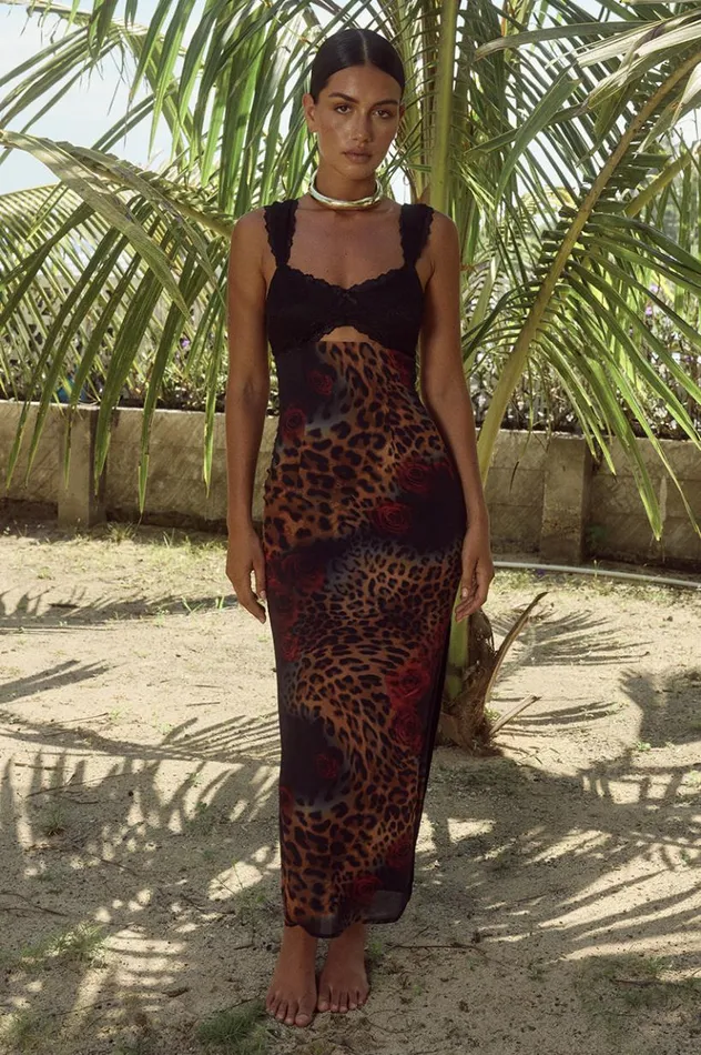 Women Midi Dresses Runaway The Label DINAH MIDI DRESS Black Leopard