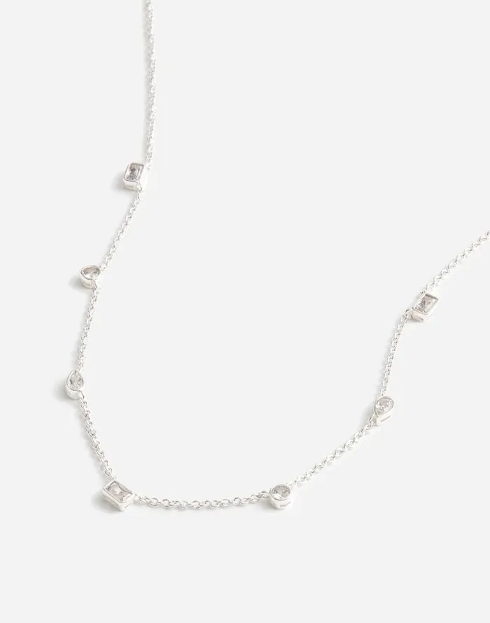 Women MixedCut Crystal Station Necklace Polished Silver Madewell Jewelry