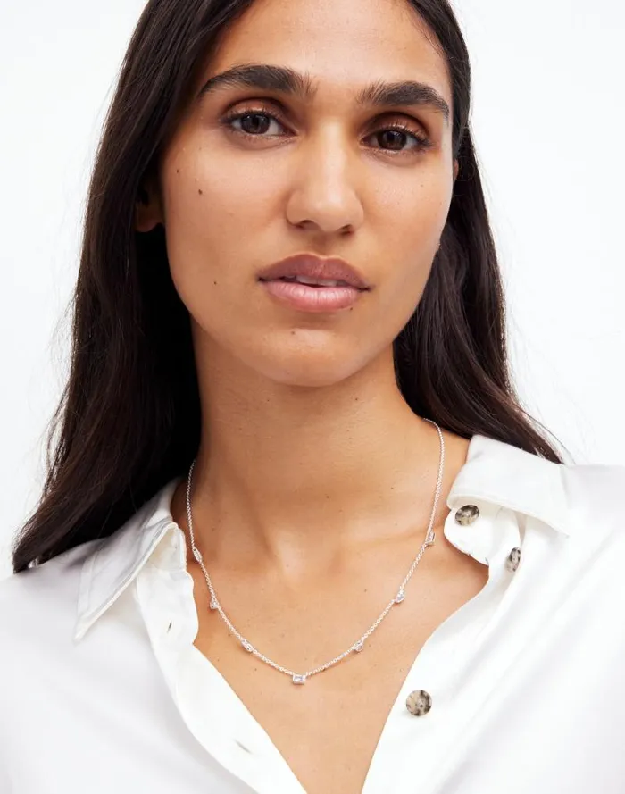 Women MixedCut Crystal Station Necklace Polished Silver Madewell Jewelry