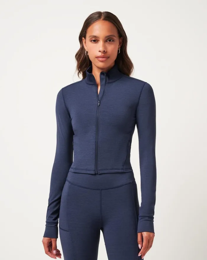 Women MOVEKNIT FULL ZIP Heather Navy Blazer TravisMathew Hoodies and Pullovers