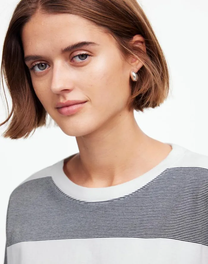 Women Oversized Crewneck LongSleeve Tee In Stripe Eyelet White Madewell Tees