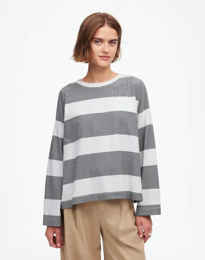 Women Oversized Crewneck LongSleeve Tee In Stripe Eyelet White Madewell Tees