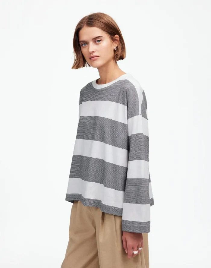 Women Oversized Crewneck LongSleeve Tee In Stripe Eyelet White Madewell Tees
