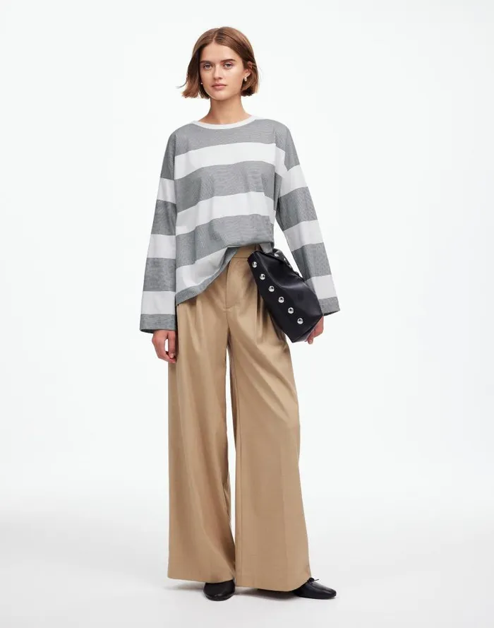 Women Oversized Crewneck LongSleeve Tee In Stripe Eyelet White Madewell Tees