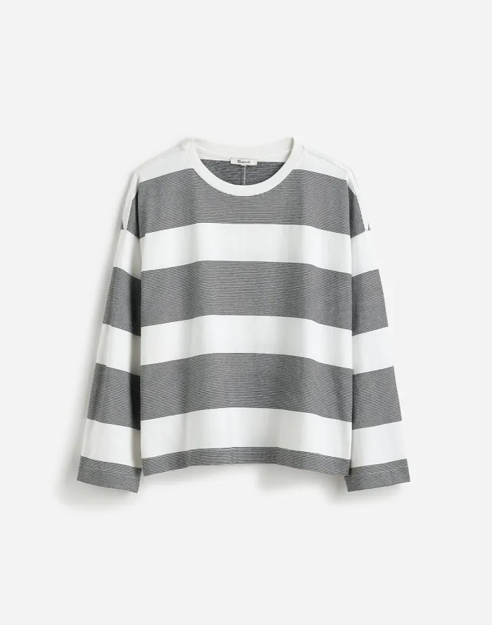 Women Oversized Crewneck LongSleeve Tee In Stripe Eyelet White Madewell Tees
