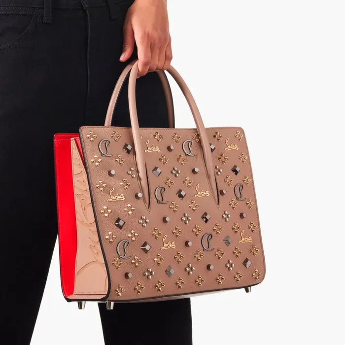 Women Paloma Medium Top Handle Bag 8211 Grained Calf Leather And Spikes Loubinthesky 8211 Roca Brown Christian Louboutin Shoulder Bags