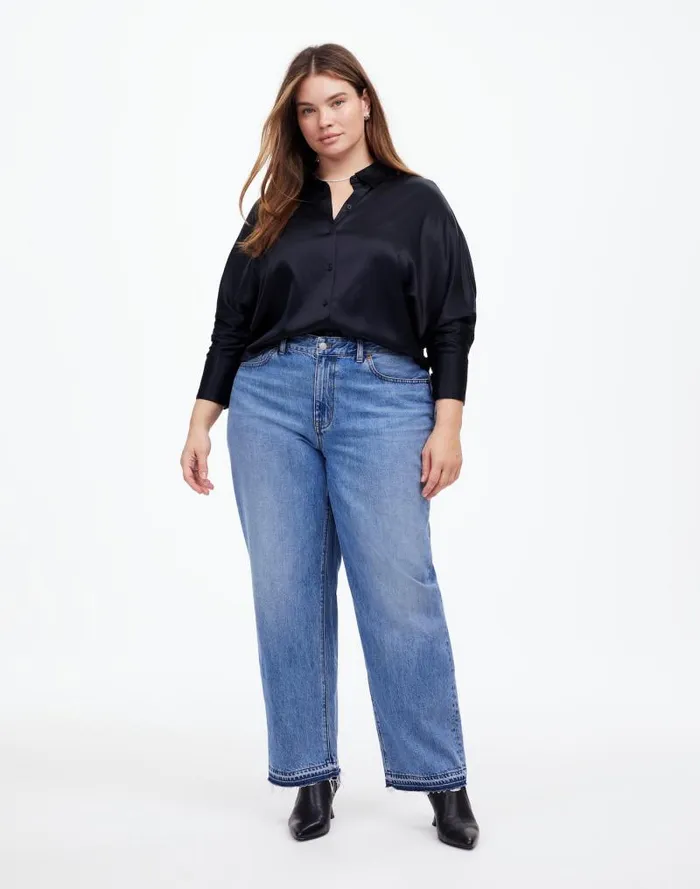 Women Plus Relaxed Dolman ButtonUp Shirt In Satin True Black Madewell Tops and Shirts