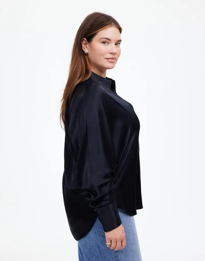 Women Plus Relaxed Dolman ButtonUp Shirt In Satin True Black Madewell Tops and Shirts