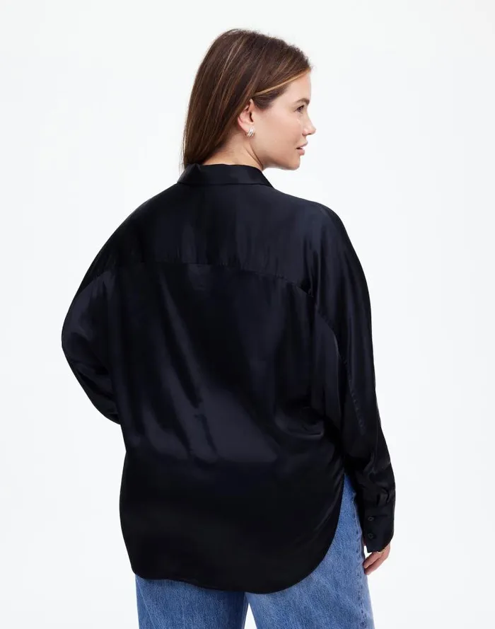 Women Plus Relaxed Dolman ButtonUp Shirt In Satin True Black Madewell Tops and Shirts