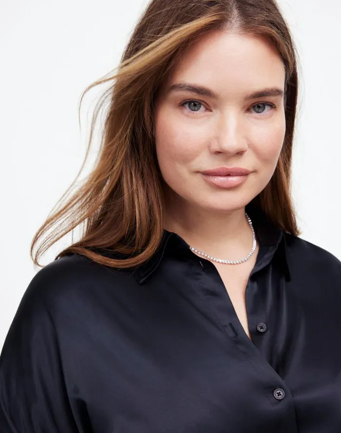 Women Plus Relaxed Dolman ButtonUp Shirt In Satin True Black Madewell Tops and Shirts