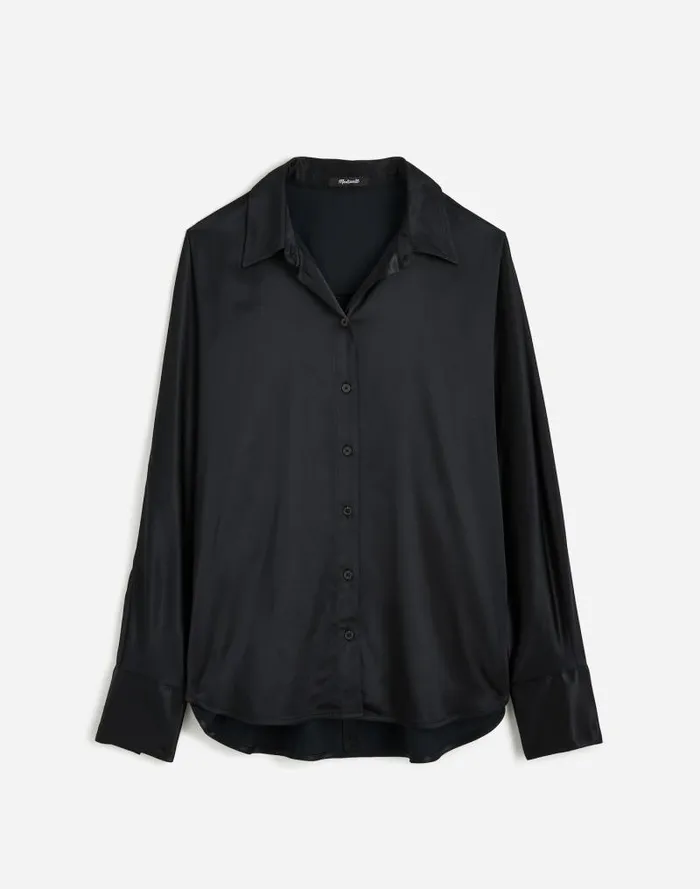 Women Plus Relaxed Dolman ButtonUp Shirt In Satin True Black Madewell Tops and Shirts