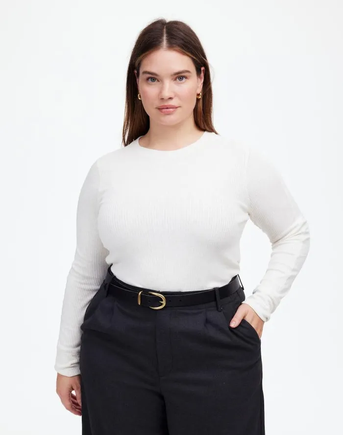 Women Plus Ribbed Crewneck LongSleeve Tee Hthr Cream Madewell Tees