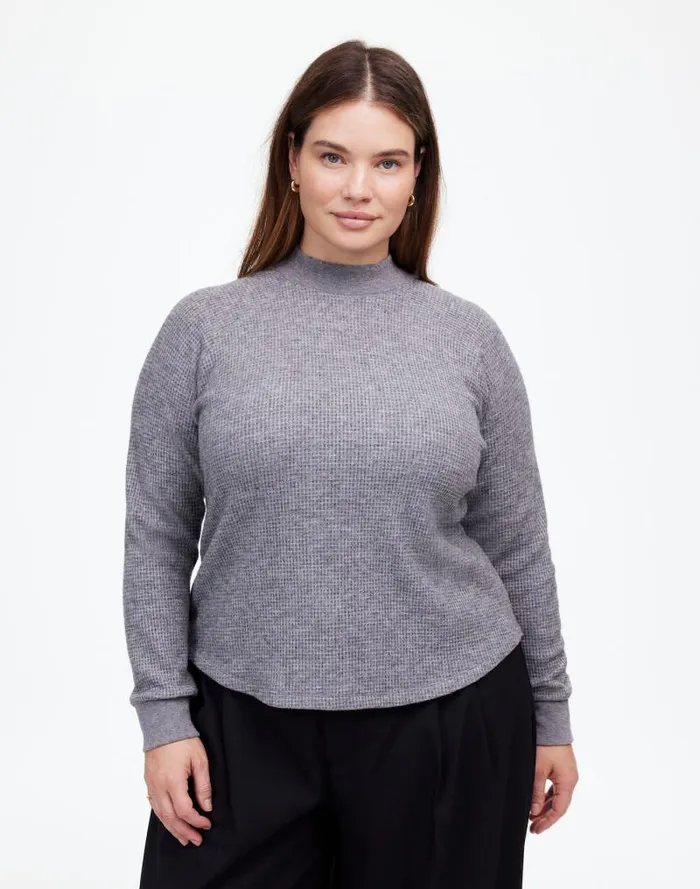 Women Plus WaffleKnit LongSleeve Crewneck Tee Hthr Charcoal Madewell Loungewear