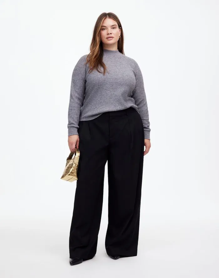Women Plus WaffleKnit LongSleeve Crewneck Tee Hthr Charcoal Madewell Loungewear