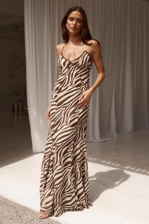 Women Race Day Dresses Runaway The Label AMINAH MAXI DRESS Zebra Chocolate