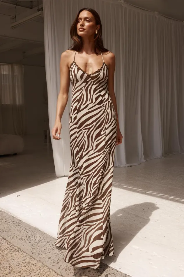 Women Race Day Dresses Runaway The Label AMINAH MAXI DRESS Zebra Chocolate