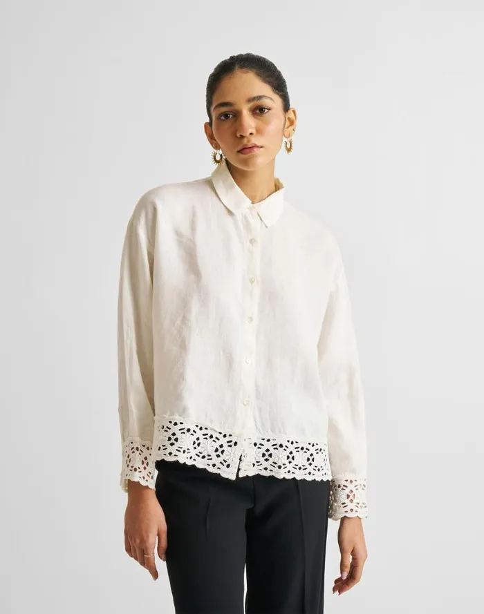 Women Reistor Buttondown With Embroidered Lace Shirt Off White Madewell Tops and Shirts