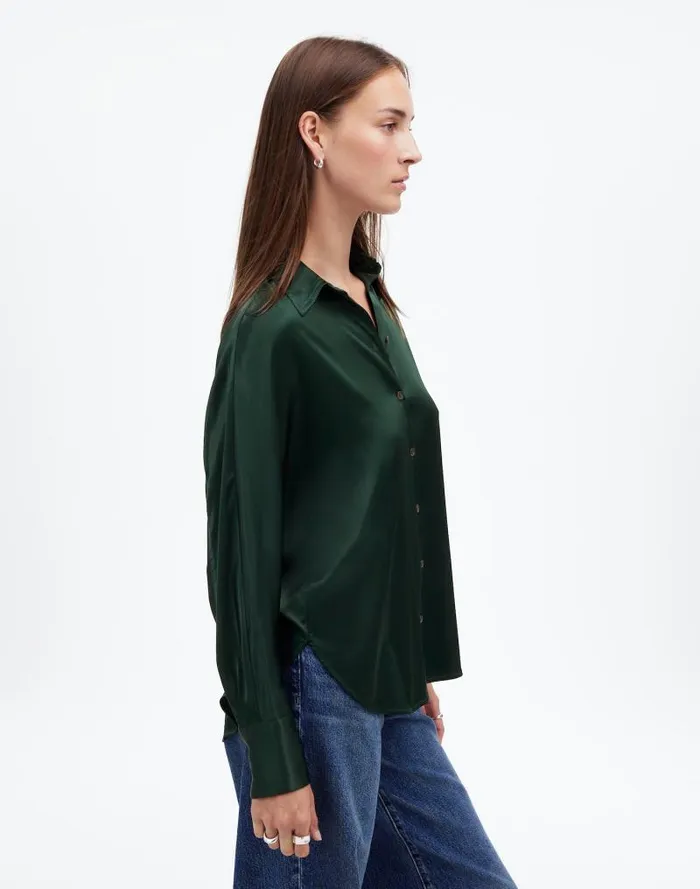 Women Relaxed Dolman ButtonUp Shirt In Satin Luxury Forest Madewell Matching Sets