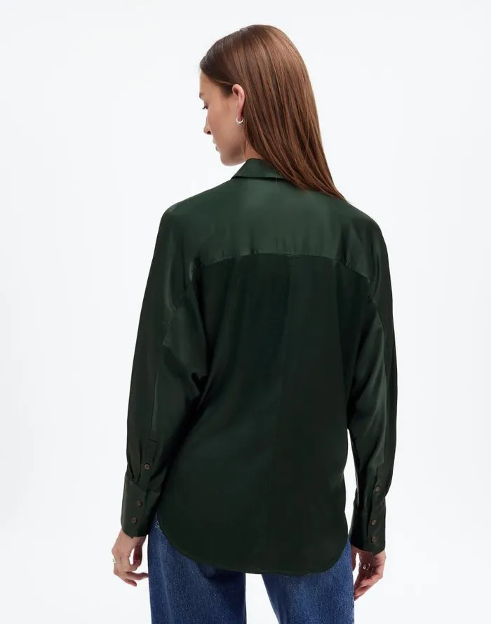 Women Relaxed Dolman ButtonUp Shirt In Satin Luxury Forest Madewell Matching Sets