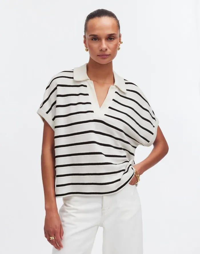 Women Relaxed VNeck Polo Shirt In Stripe Bright Ivory Madewell Tees