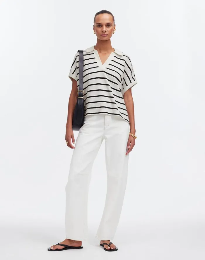 Women Relaxed VNeck Polo Shirt In Stripe Bright Ivory Madewell Tees