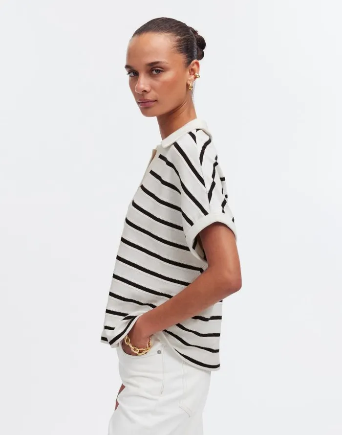 Women Relaxed VNeck Polo Shirt In Stripe Bright Ivory Madewell Tees