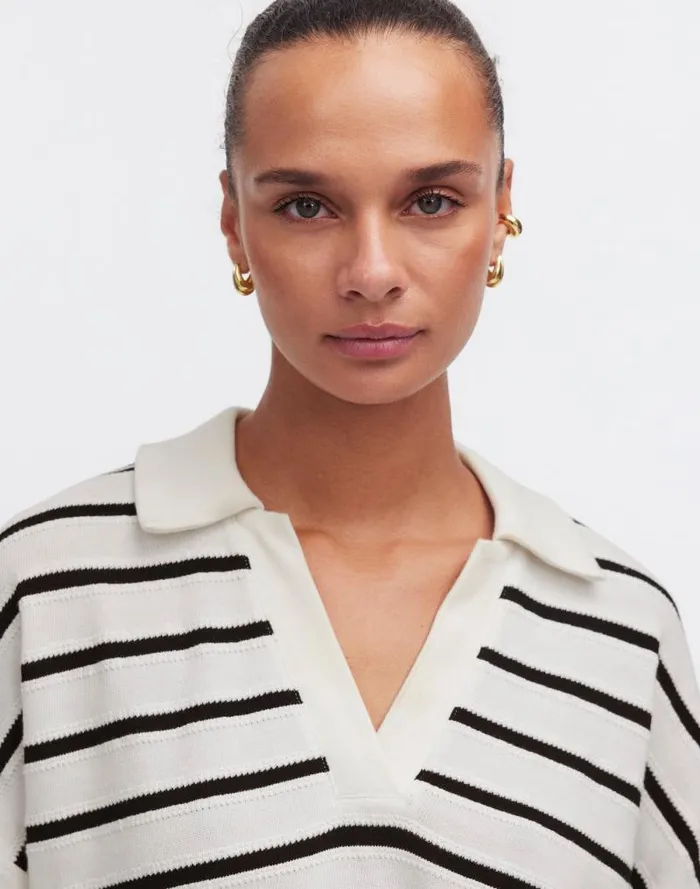 Women Relaxed VNeck Polo Shirt In Stripe Bright Ivory Madewell Tees