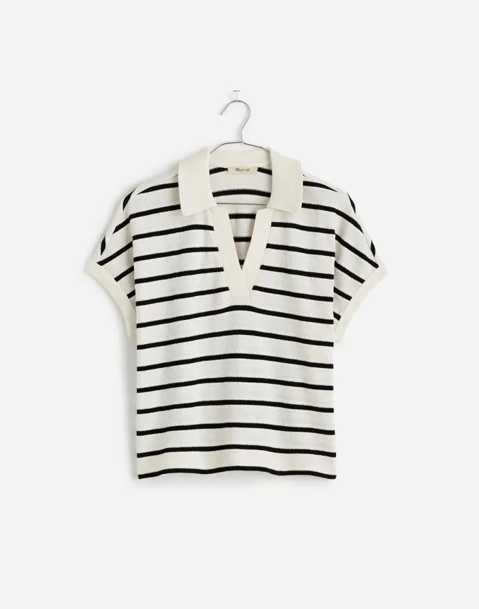 Women Relaxed VNeck Polo Shirt In Stripe Bright Ivory Madewell Tees