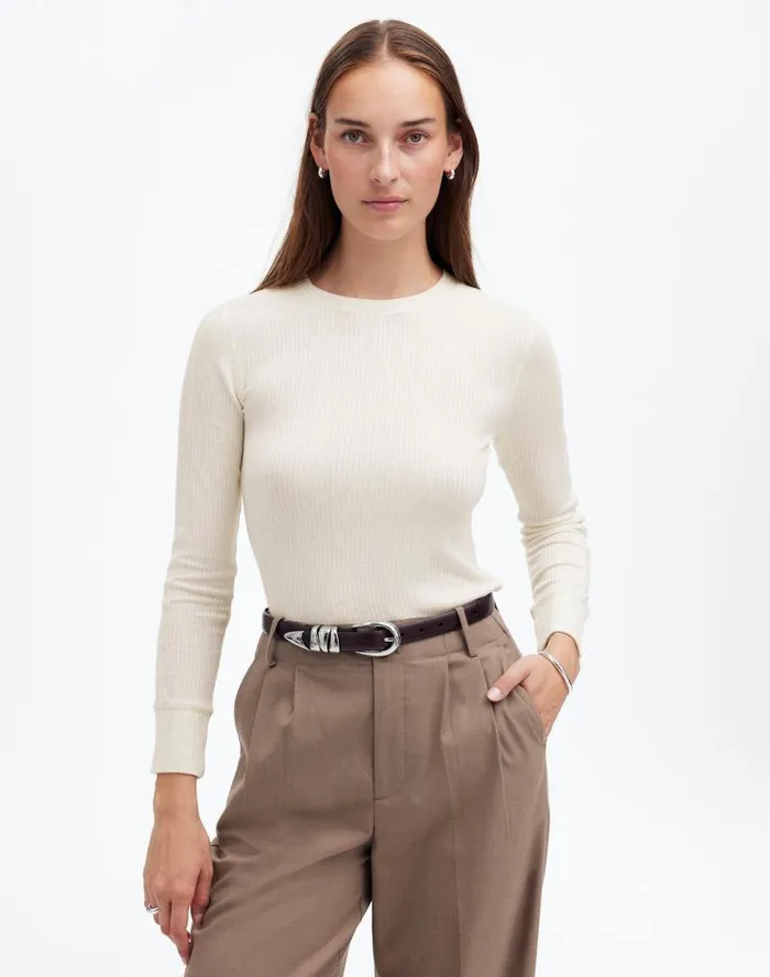 Women Ribbed Crewneck LongSleeve Tee Hthr Cream Madewell Tees