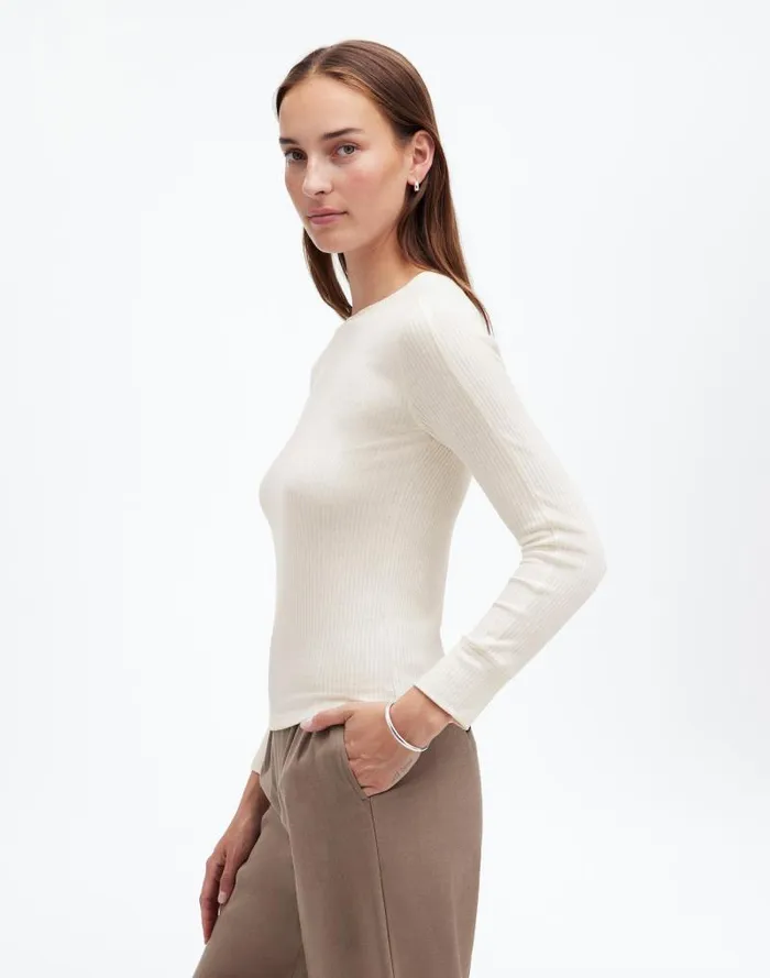 Women Ribbed Crewneck LongSleeve Tee Hthr Cream Madewell Tees