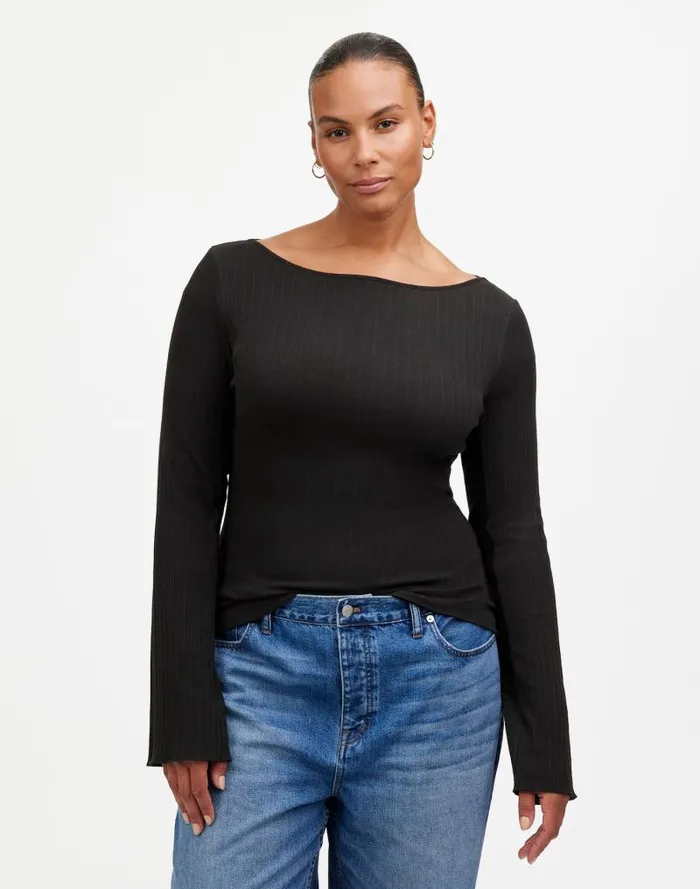 Women Ribbed LongSleeve Boatneck Top Jet Black Madewell Tees