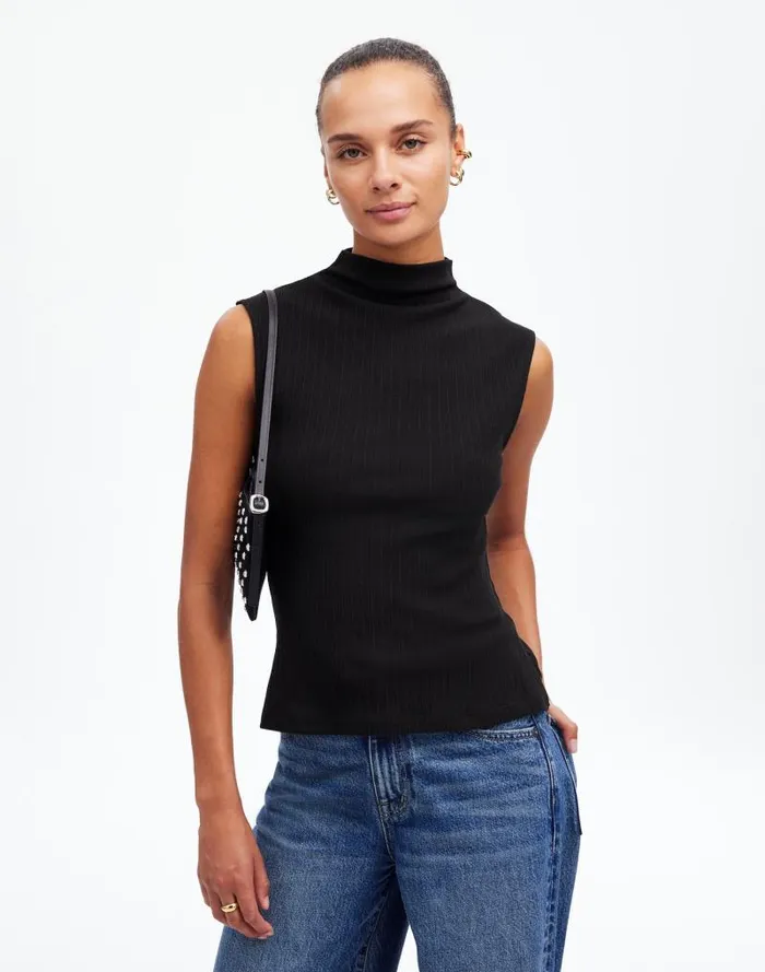Women Ribbed Mockneck Tank Jet Black Madewell Tops and Shirts