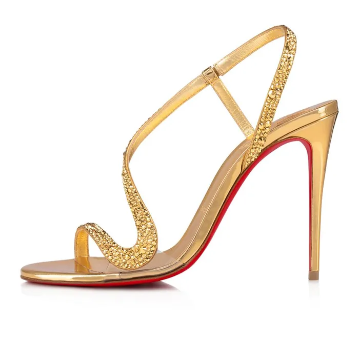 Women Rosalie Strass 100 Mm Sandals 8211 Metallic Suede PVC Specchio Leather And Strass 8211 Gold Gold Christian Louboutin Sandals and Slides