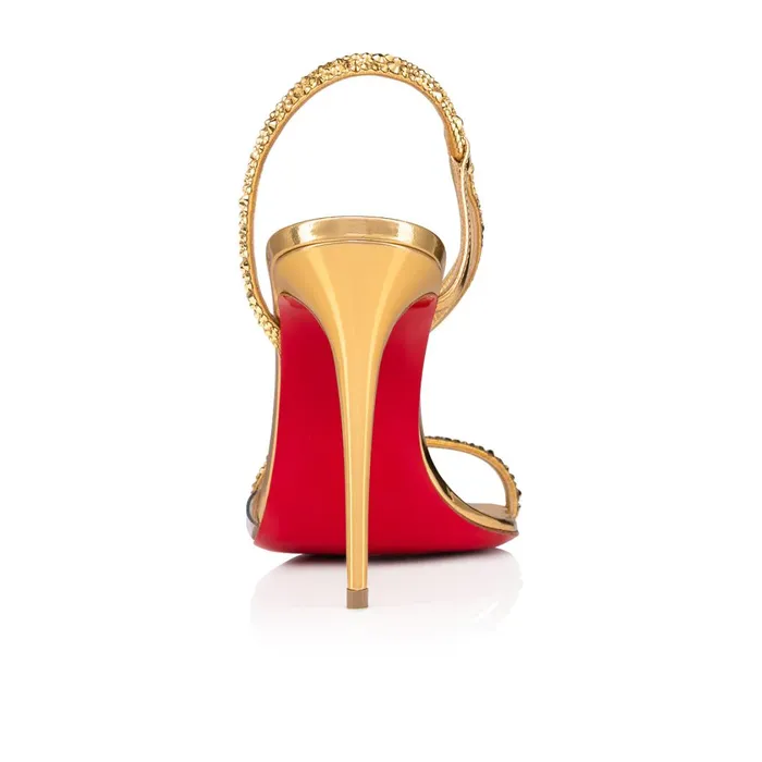 Women Rosalie Strass 100 Mm Sandals 8211 Metallic Suede PVC Specchio Leather And Strass 8211 Gold Gold Christian Louboutin Sandals and Slides